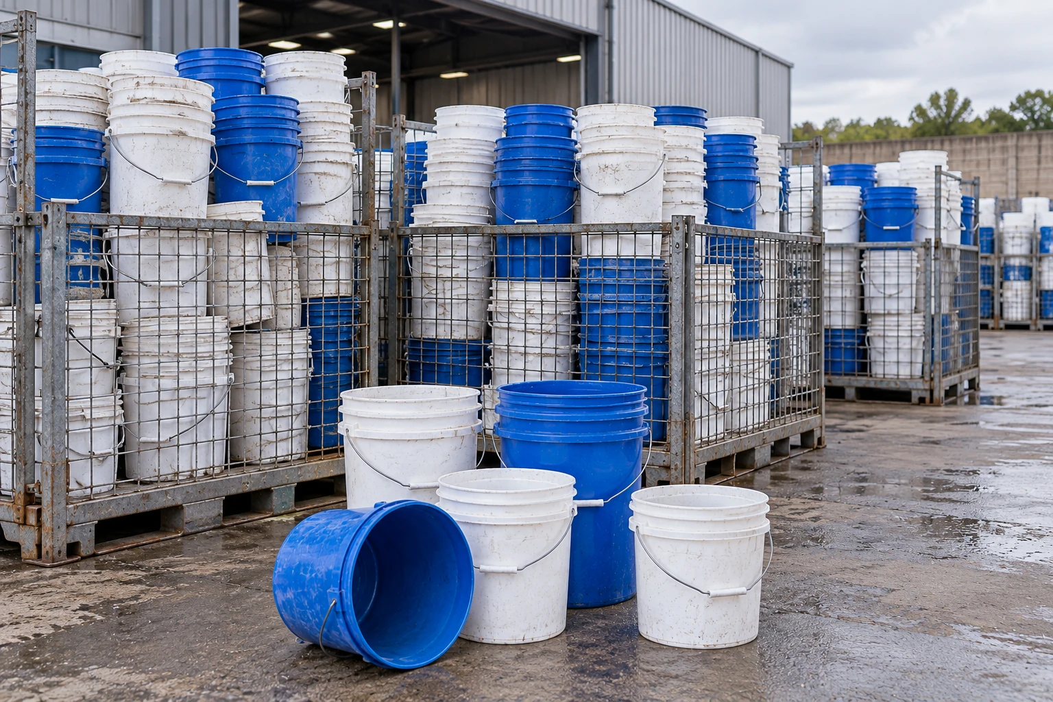 Bulk collection cages of stacked full-size industrial buckets and tubs