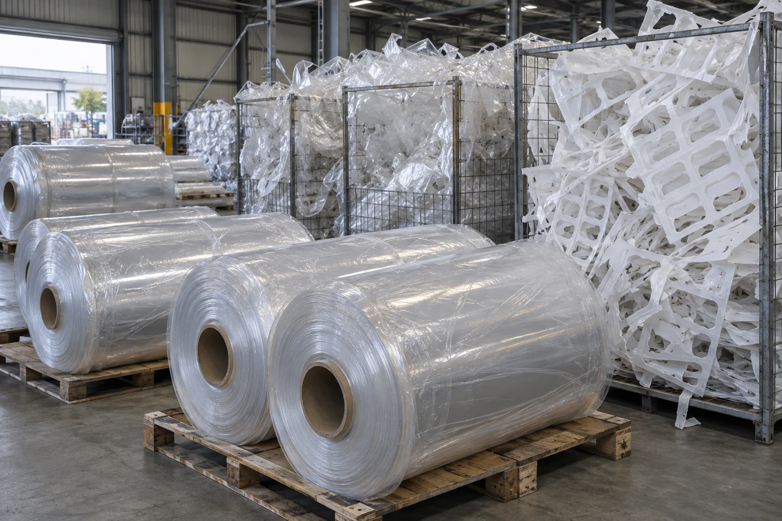 Palletised industrial plastic sheet rolls and cages of sheet off-cuts
