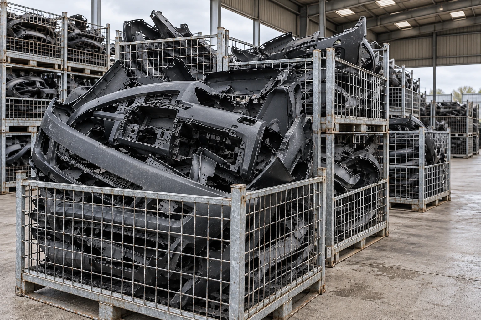 Bulk stillages of full-size automotive plastic bumpers and trim panels
