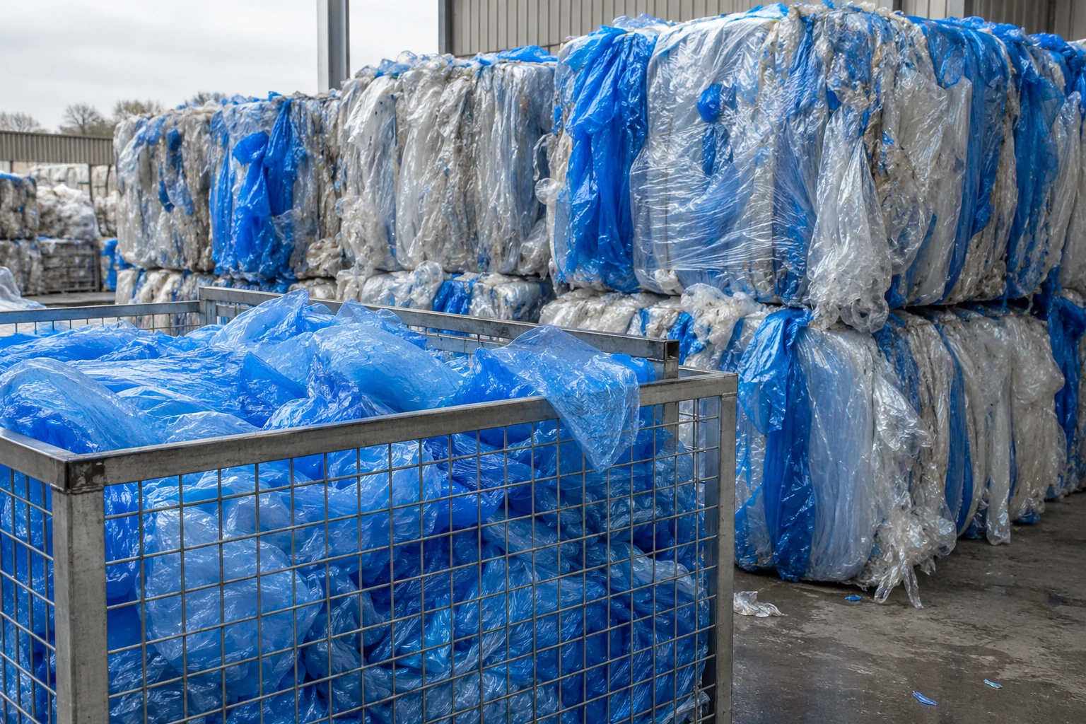 Large compressed bales and collection cages of blue and clear polythene film