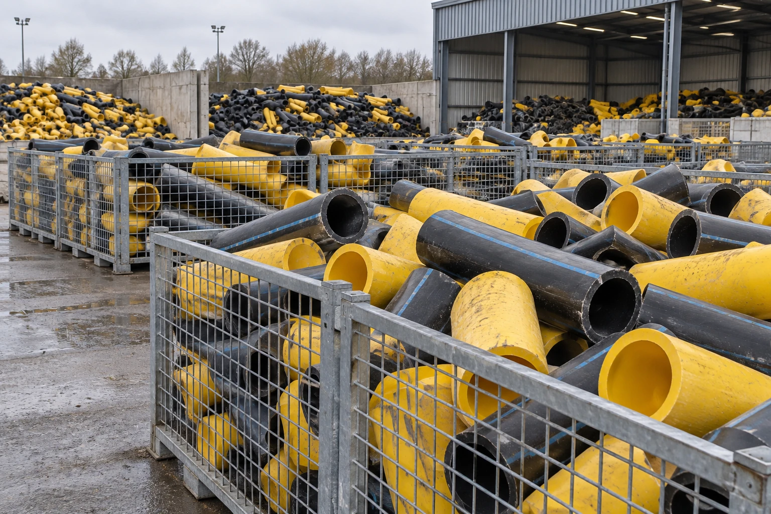 Industrial recovery bay of yellow and black polyethylene pipe off-cuts