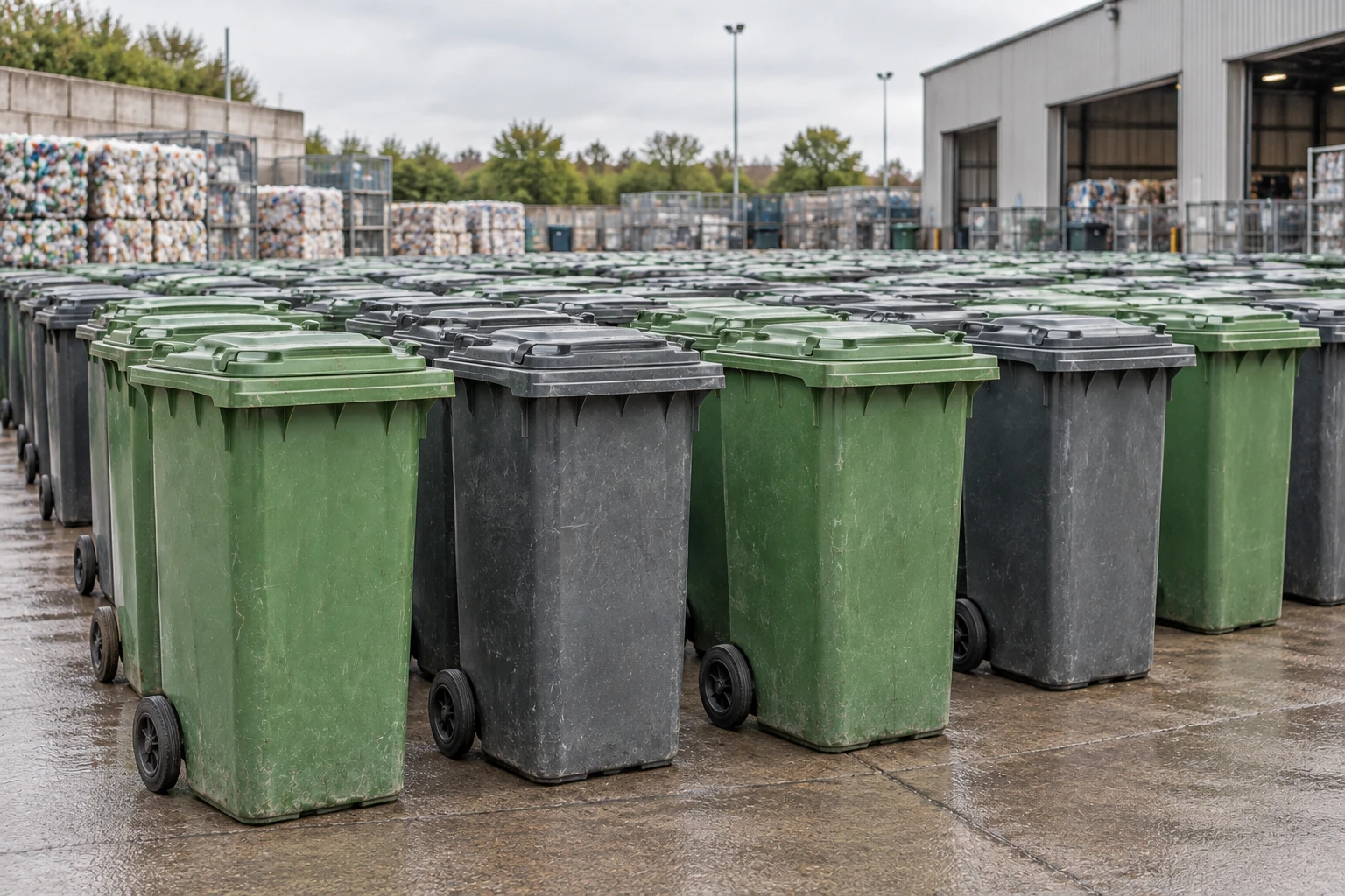 Rows of full-size upright green and grey wheelie bins at a recycling intake area