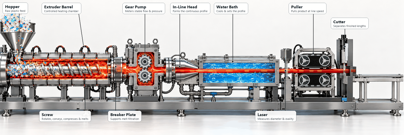 Animation showing the plastics extrusion process
